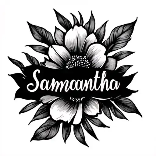 A small, elegant black ink tattoo of the name "Samantha" written in modern cursive script on the inner wrist. The font s tattoo design idea