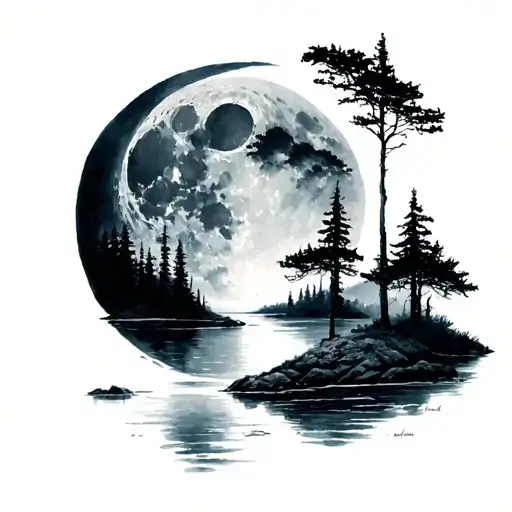 dark forest moon river tattoo design idea