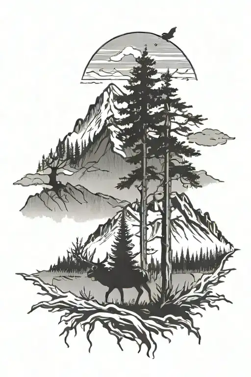 tattered flag mountains trees elk tattoo design idea