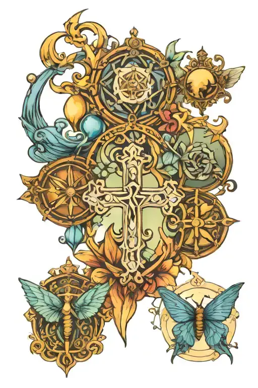 4 Angel sygils, 4 elements, rosary beads and cross, Sagittarius, Libra, lunar moth, and crown tattoo design idea