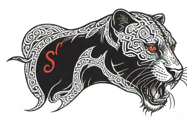 panther with red eyes growling looking forward with the word sacrifice written in the panther design tattoo design idea