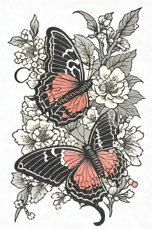 butterfly, japanese style, japanese cherry blossom tattoo design idea