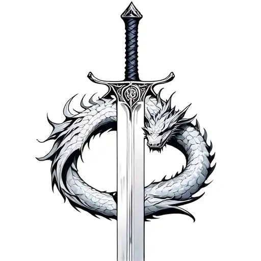 fantasy sword with dragon wrapped around blade tattoo design idea