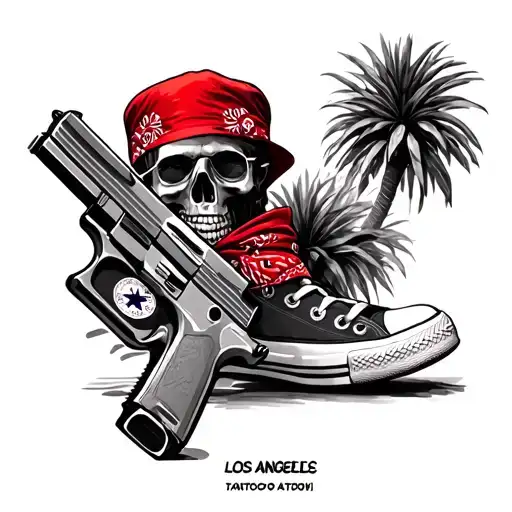 A realistic black and grey tattoo of a Los Angeles with red bandana, a gun and converse's.  tattoo design idea