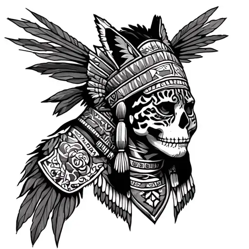 arm sleeve that contains the god "la santa muerta", an aztec jaguar warrior in traditional head dress, and other mexican tattoo design idea