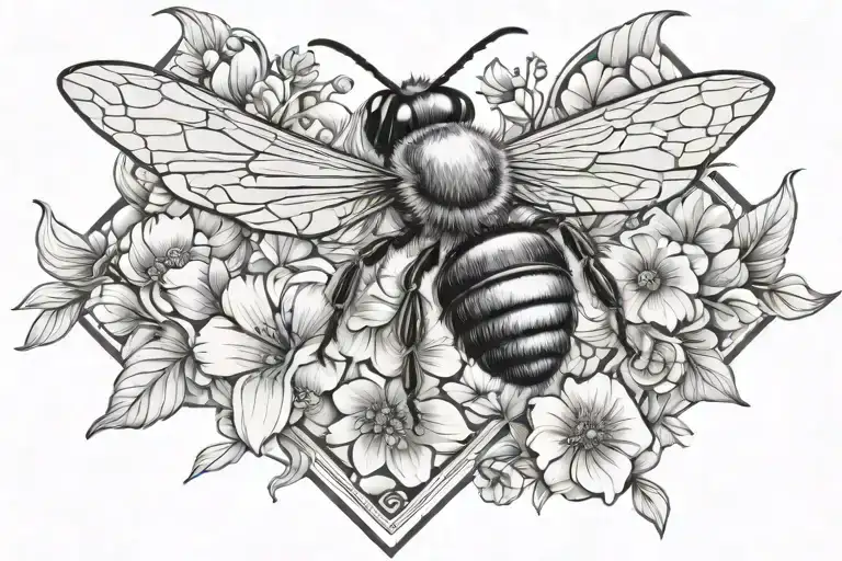 bee honeycomb pattern with bee flying and flowers tattoo design idea