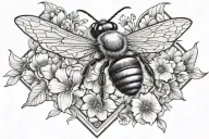 bee honeycomb pattern with bee flying and flowers tattoo design idea