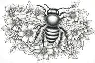 bee honeycomb pattern with bee flying and flowers tattoo design idea