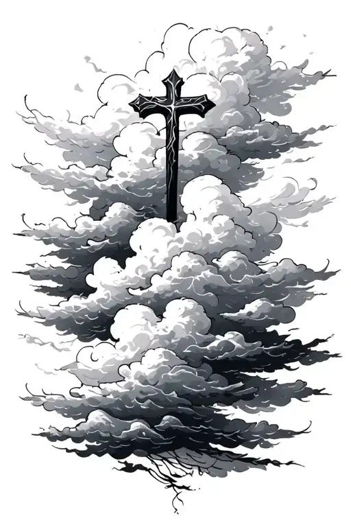faded clouds with cross rustic tattoo design idea