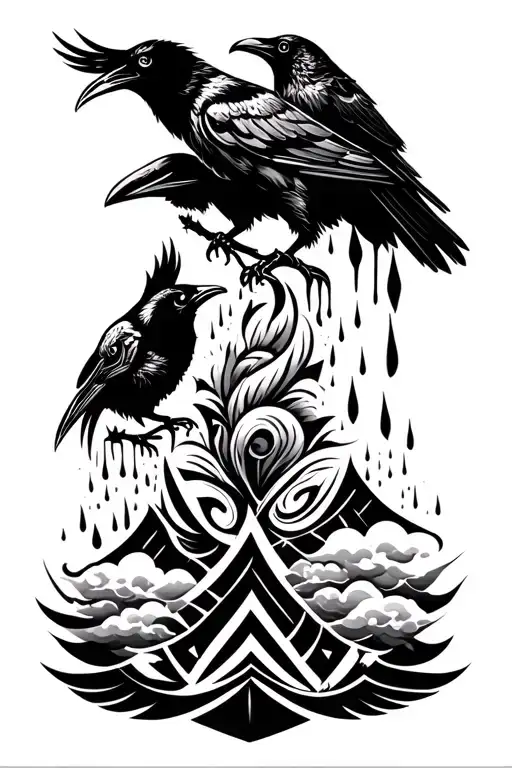 Make me a full arm tattoo viking style including these elements: family, crow, rain, clouds, geometric. Also add these d tattoo design idea
