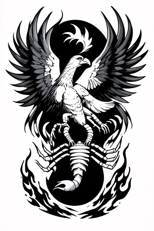 scorpion to eagle to phoenix rising from flames tattoo design idea