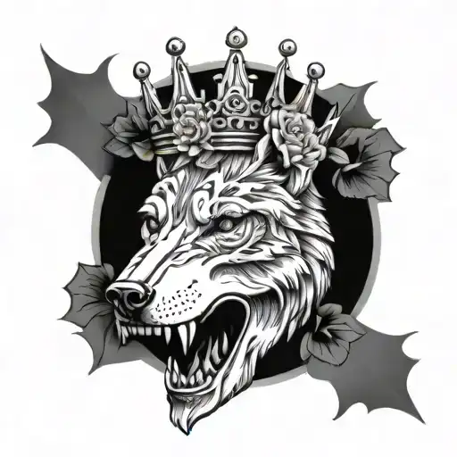 wolf skull with flowers and a crown surrounded by bold flowers tattoo design idea