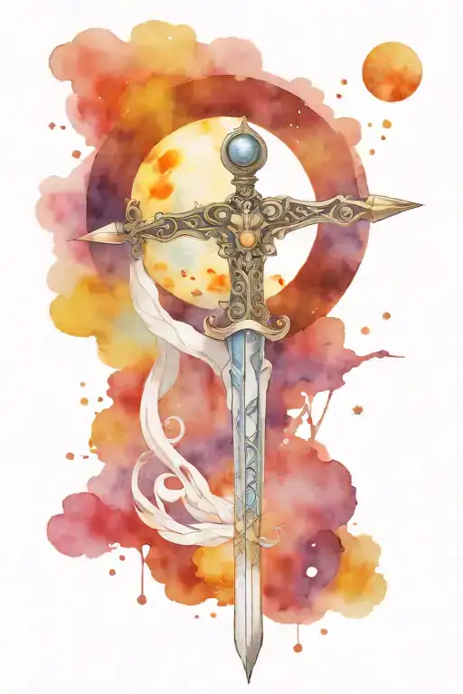 sword with libra scale on handle and solar system on the blade tattoo design idea