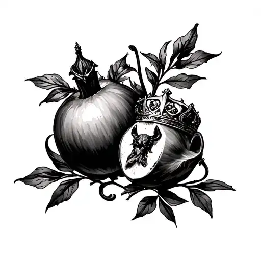 pomegranate with a  Narcissus slightly overlapping it as well as a iron crown and cerberus tattoo design idea