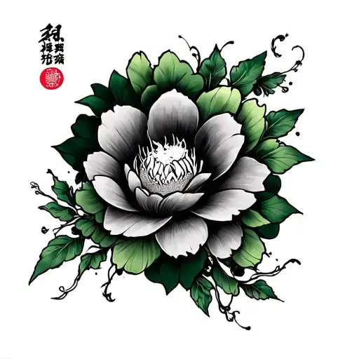 Japanese tradițional Tattoo like yakuza, darker, principal color black, secondary green with flower, wavez, japanese thr tattoo design idea
