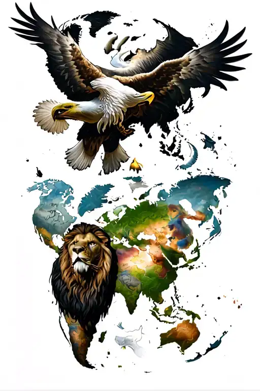 Eagle, bull, lion, man, world map and a dove flying tattoo design idea