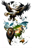 Eagle, bull, lion, man, world map and a dove flying tattoo design idea