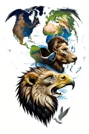 Eagle, bull, lion, man, world map and a dove flying tattoo design idea