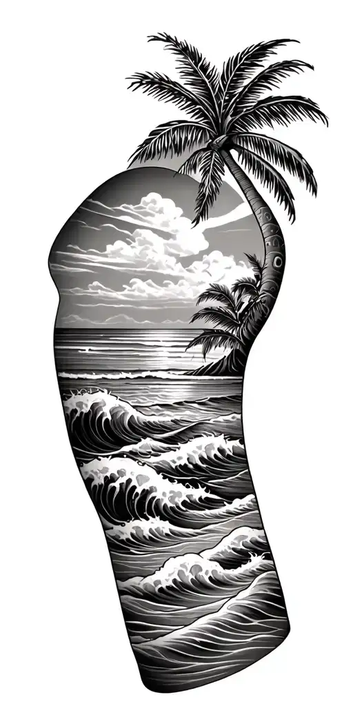 traditonal hawian sleeve with palm tree, beach, waves and patterns tattoo design idea