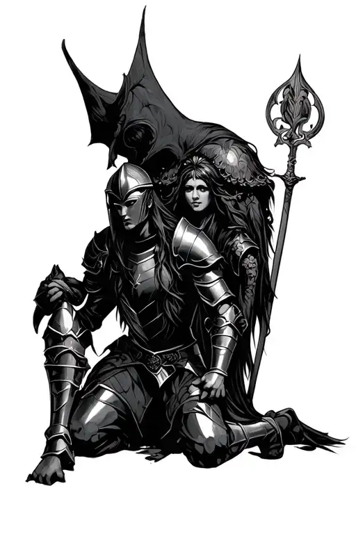 a knight in black armour kneeling before a goddess tattoo design idea