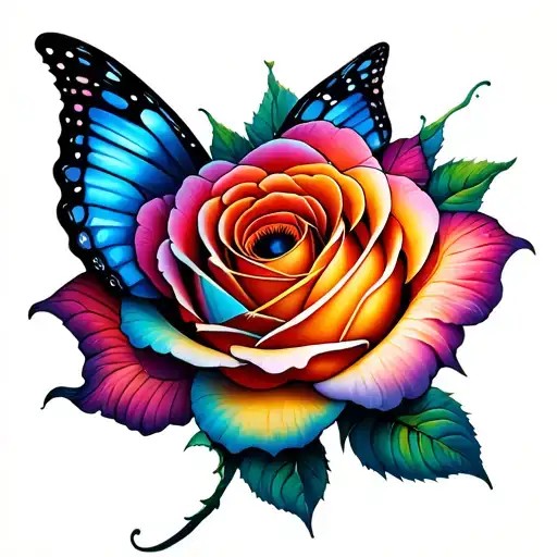 Butterfly that flies with a wing in the shape of a rose and eye of intuition tattoo design idea