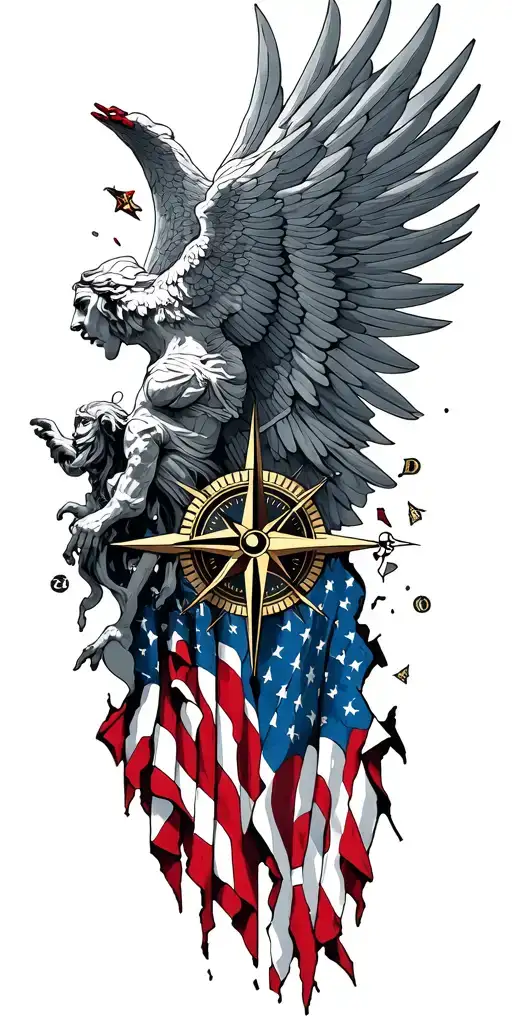 fallen angel and gods with nautical compass and pieces of torn American flag tattoo design idea