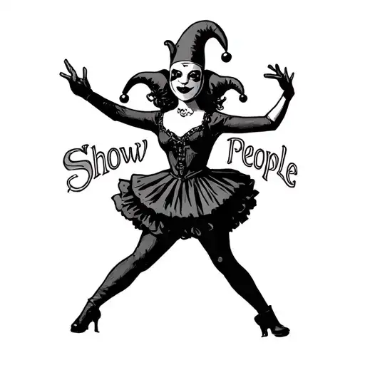 minamalist Court Jester wearing a commedia del arte mask and dancing. Words around her read "Show People".  tattoo design idea
