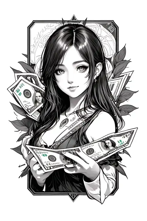 money cards and anime characters tattoo design idea