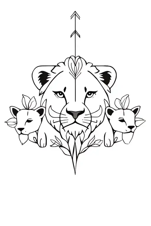 Left side of momma lion's face next to the right side of two cub's faces. Arrow through the middle + daffodils  tattoo design idea