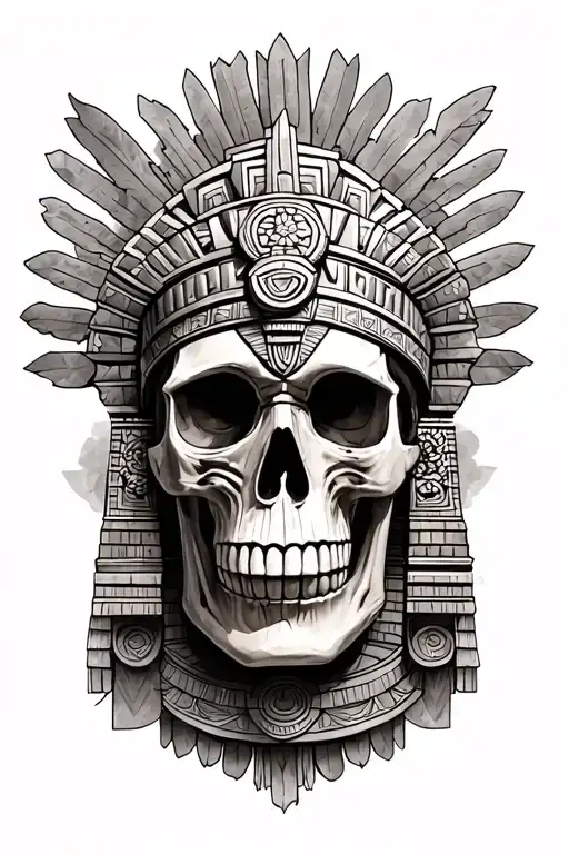 Aztec skull and temple surrounded tattoo design idea