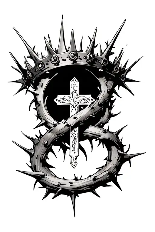 crown of thorn that wraps around into rosary with cross tattoo design idea