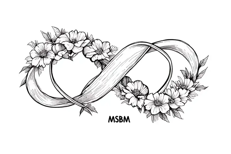 Infinity sign with intertwined hearts and flowers with the word MSBM tattoo design idea