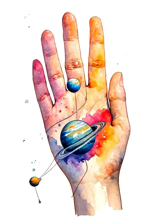 A open hand with planets on a thread attached to each finger, similar to a puppeteer. tattoo design idea