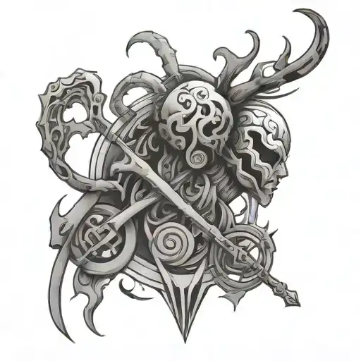 An abstract design of a player character merging with a cancer zodiac symbol tattoo design idea