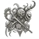 An abstract design of a player character merging with a cancer zodiac symbol tattoo design idea