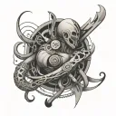 An abstract design of a player character merging with a cancer zodiac symbol tattoo design idea