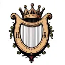 "H and r" harp with crown hanging tattoo design idea