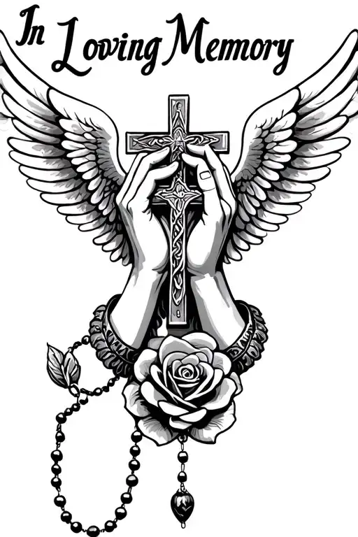"In Loving Memory" "In Loving Memory" "In Loving Memory" "In Loving Memory" "In Loving Memory" "In Loving Memory" "In Loving Memory" Praying Hands, Rosary beads intertwined with cross, Wings, Realism, Rose tattoo design idea