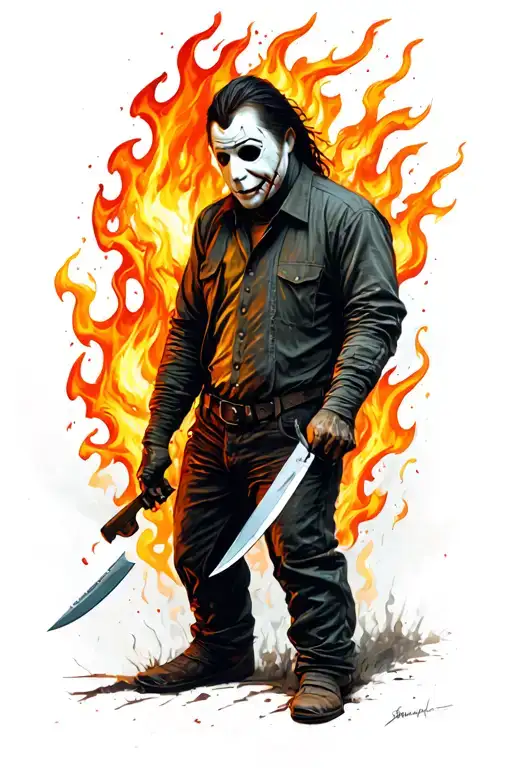 sinister Michael Myers with knife flames and colour tattoo design idea