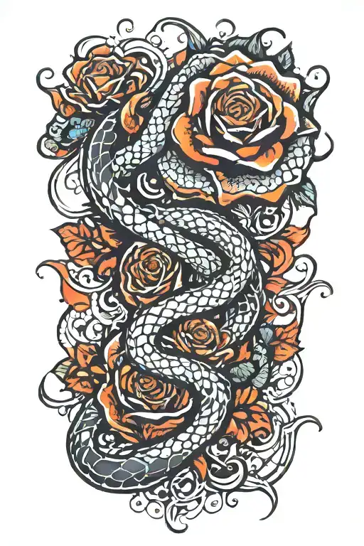 Fractal serpent rising from knee, coiling around a flaming rose blooming on the thigh, glowing with light. tattoo design idea