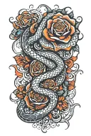 Fractal serpent rising from knee, coiling around a flaming rose blooming on the thigh, glowing with light. tattoo design idea