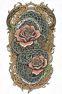 Fractal serpent rising from knee, coiling around a flaming rose blooming on the thigh, glowing with light. tattoo design idea