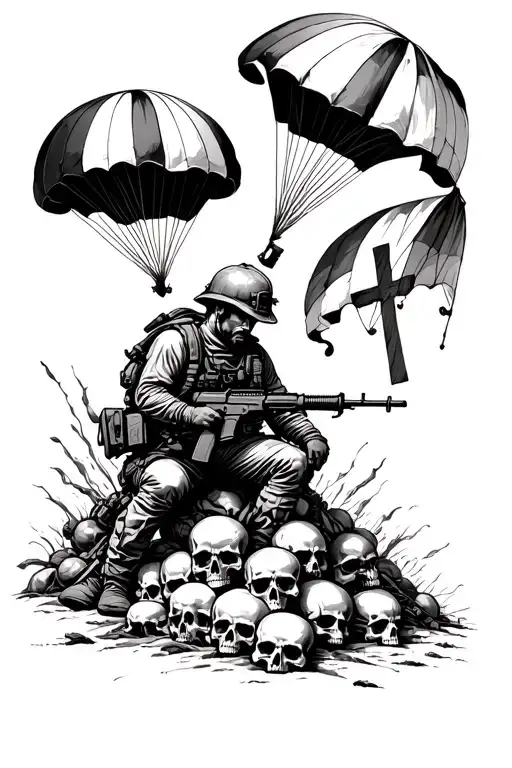 French soldier with HK416 on a pile of skulls surrounded by parachute and with a cross of Lorraine in the background tattoo design idea