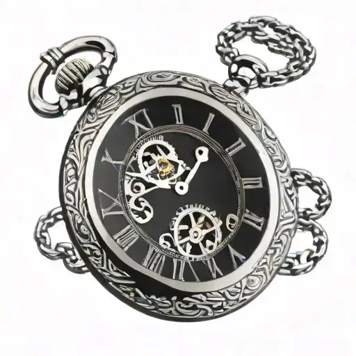 pocket watch in roman numerals with chain behind it tattoo design idea