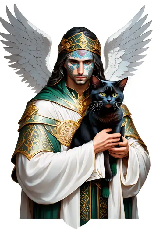 Gilded Seraph's Raiment (Mythic Recolor) in the robe in his hands holds a black cat beautiful in the very face of Billy Ailie with a black tattoo design idea