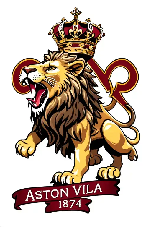 lion roaring with a crown, holte end stand behind, 1874 and Aston Villa written underneath tattoo design idea