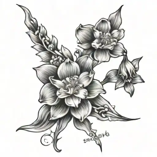 a fine line spine tattoo with the text "so much love to give" with a daffodil, cherry blossom, primrose, gladiolus. tattoo design idea