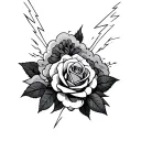 sleeve tattoo with roses and lightning bolts with clouds in the back complex design tattoo design idea