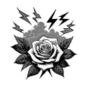 sleeve tattoo with roses and lightning bolts with clouds in the back complex design tattoo design idea