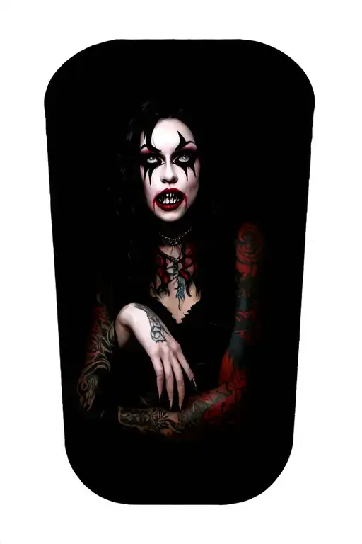 sexy vampire woman, beautiful fangs, beautiful woman, tattoos, pin up, full body, tattoo design idea
